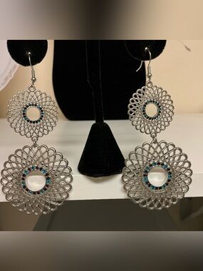 Boho Filigree Two Disc Earrings Silver Tone Statement Fishhook Earrings Disco